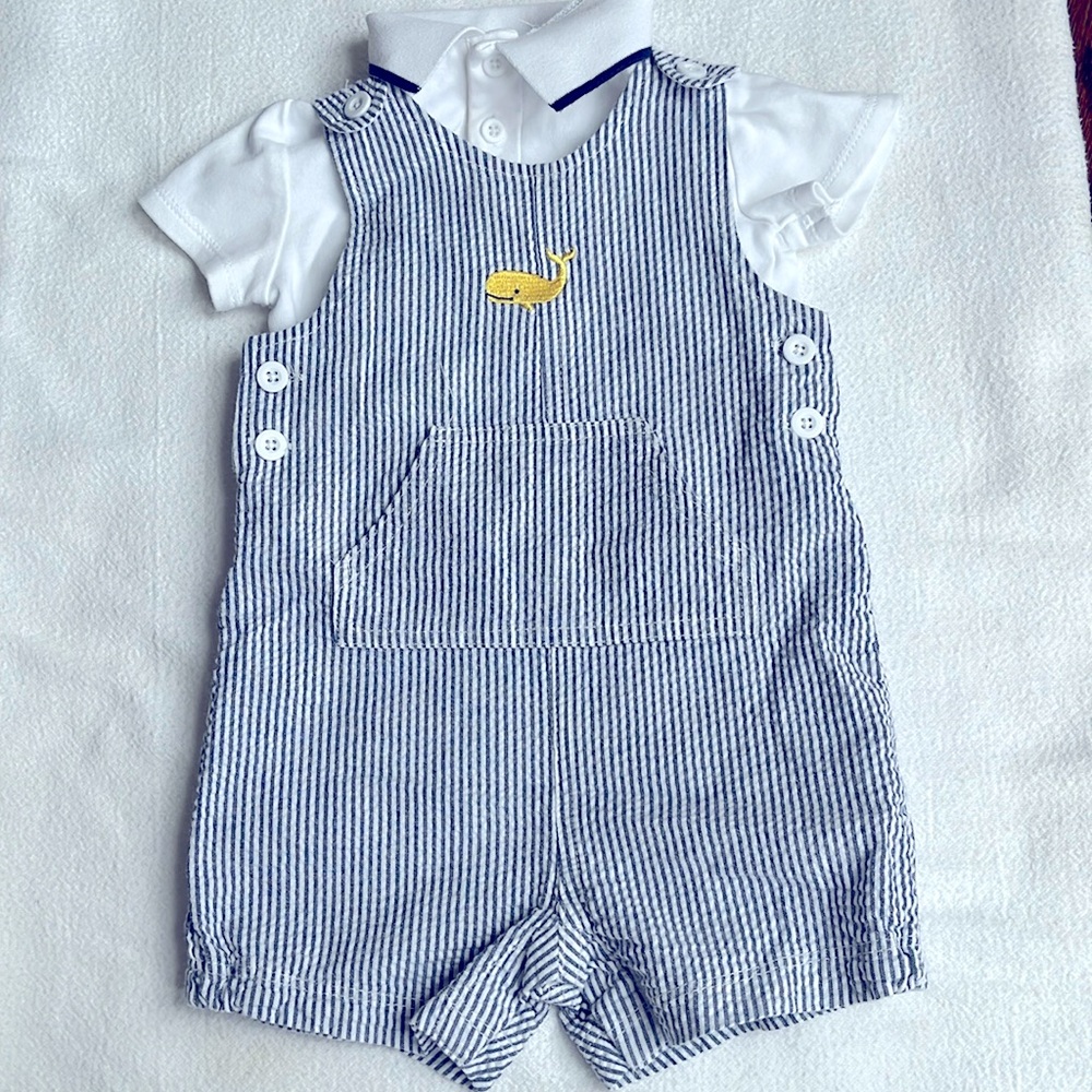 Little Me 9m shorts romper with polo shirt, blue and white with whale
